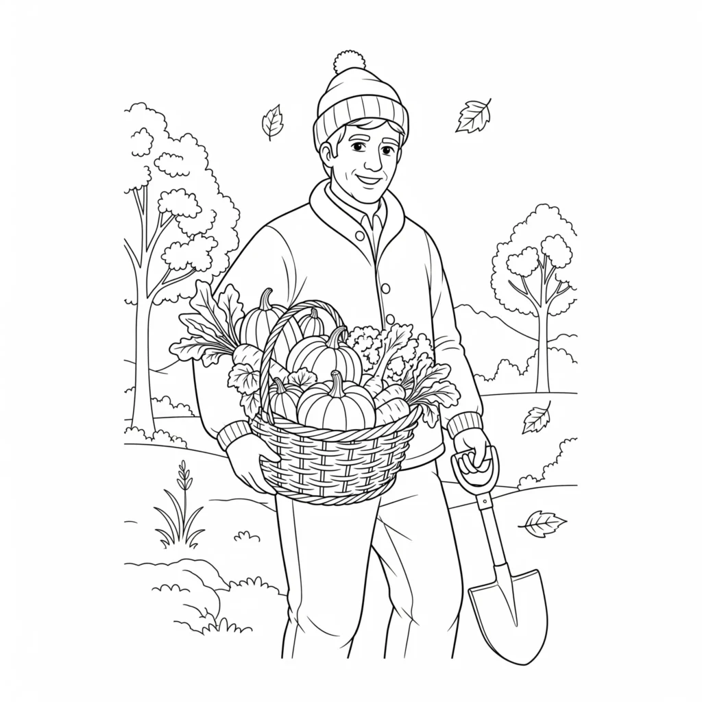 20+ Herbst Ausmalbilder (Kostenlos Malvorlage zum Ausdrucken) Ein Mann hält einen vollen Gemüsekorb und eine Schaufel, umgeben von bunten Herbstblättern. Kinder können die Gemüsearten, Kleidung und herbstliche Umgebung farbenfroh gestalten.
