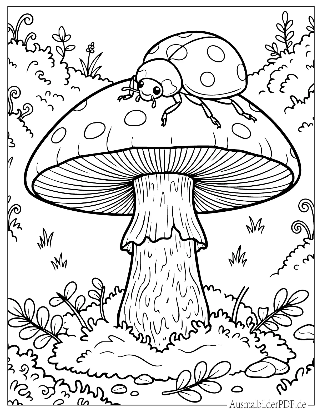 Ein fröhlicher Marienkäfer sitzt auf einem Pilz im Wald als einfache Malvorlage zum Ausmalen für Kinder mit klaren Konturen
