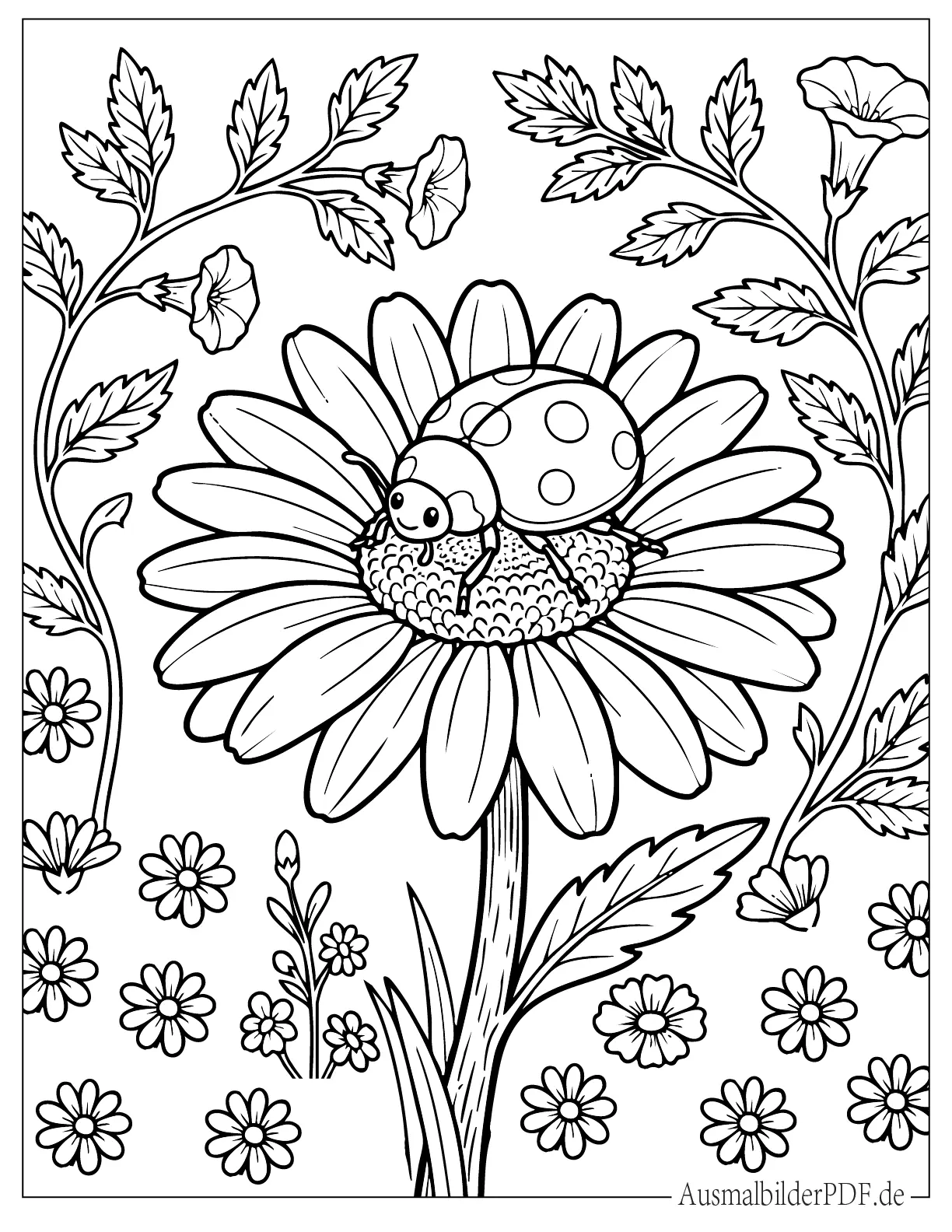 Ein kleiner Marienkäfer sitzt auf einer großen Sonnenblume in einer fröhlichen Malvorlage für Kinder