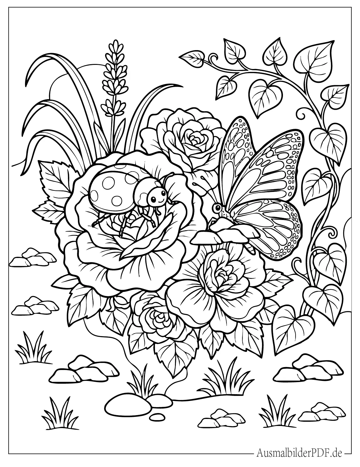 Eine ruhige Szene mit Marienkäfer und Schmetterling, die gemeinsam auf einer Rose sitzen als kreative Malvorlage