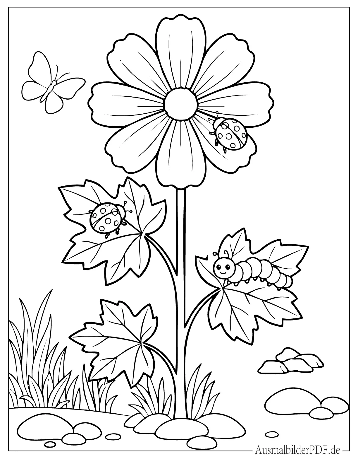 Ein Marienkäfer und eine kleine Raupe sitzen gemeinsam auf einer großen Blume in einer einfachen Natur Szene zum Ausmalen für Kinder