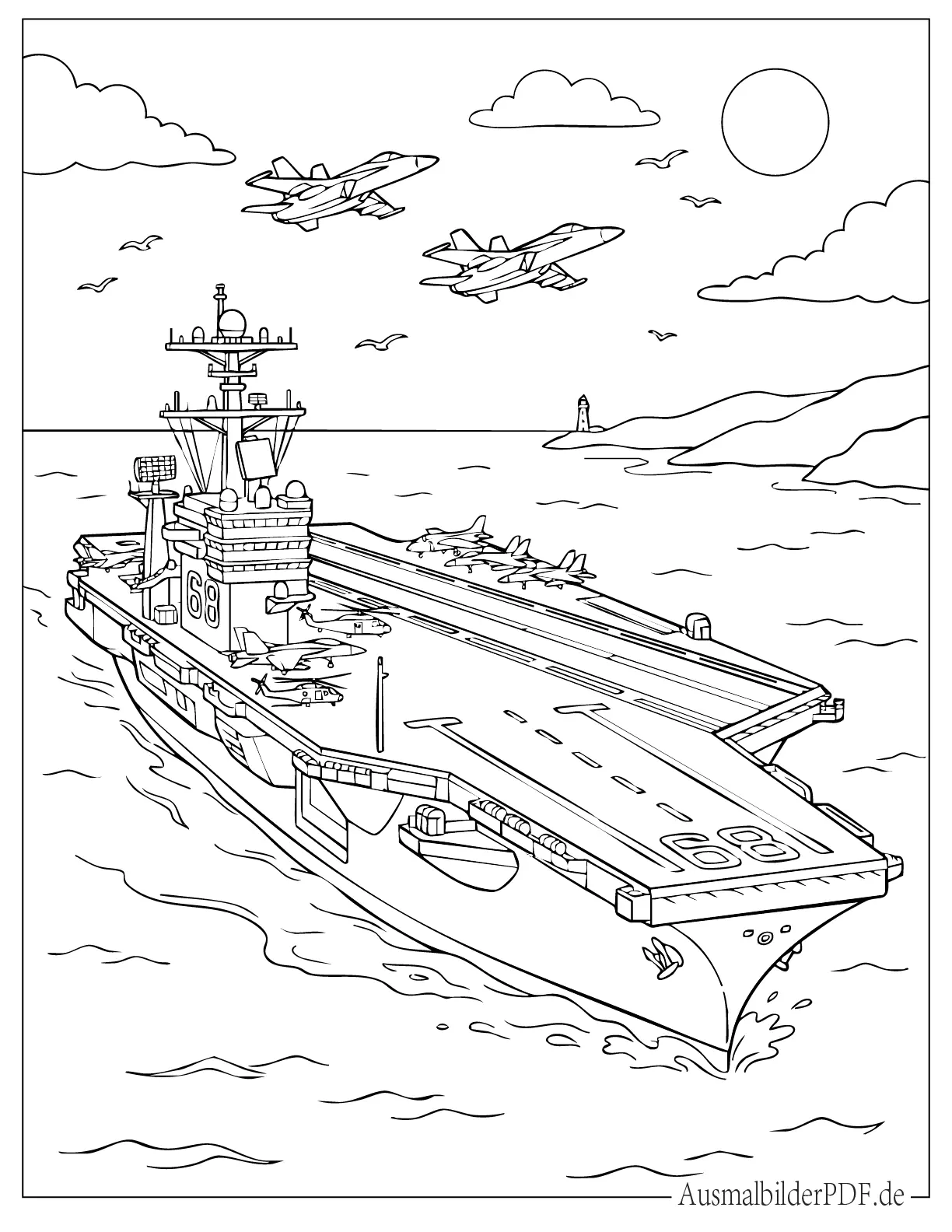 Marine Flugzeugträger Kriegsschiff mit Kampfjets Ausmalbild