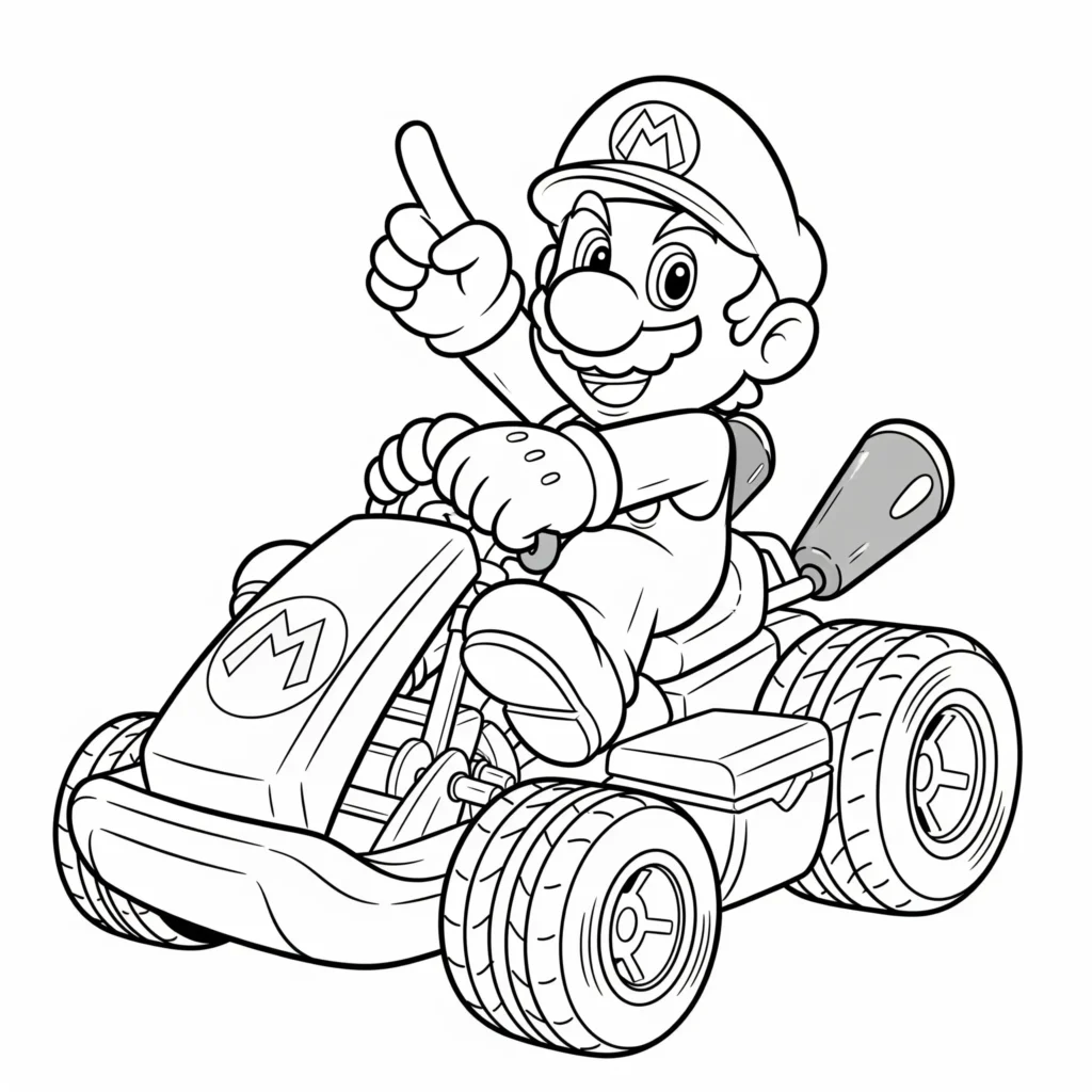 Mario hält sich an seinem Kart fest in diesem Ausmalbild zum Ausdrucken für Kinder und Erwachsene