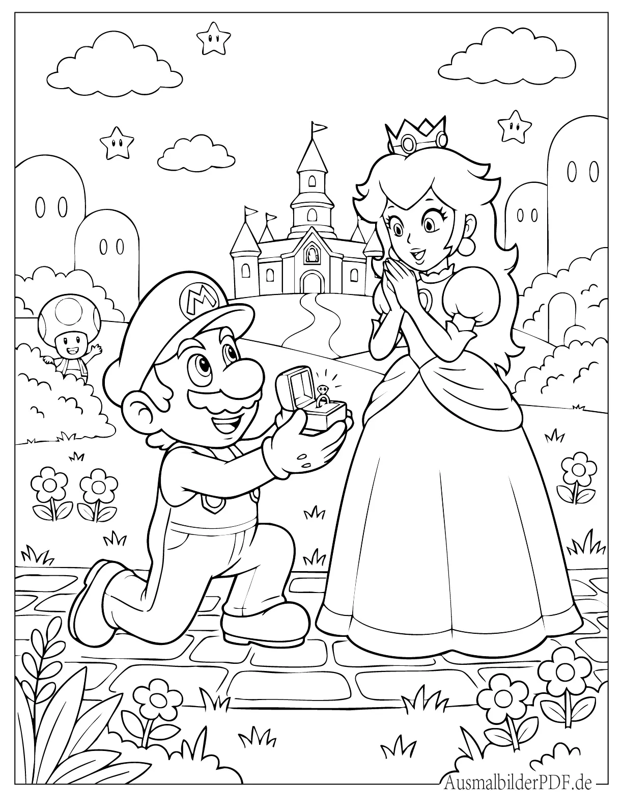 Mario macht Prinzessin Peach mit einem Ring einen Heiratsantrag Malvorlage