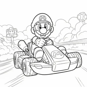 Ausmalbild mit Mario am Steuer seines Rennkarts, bereit zum Start – perfekt für Kinder zum kostenlosen Ausdrucken und Ausmalen