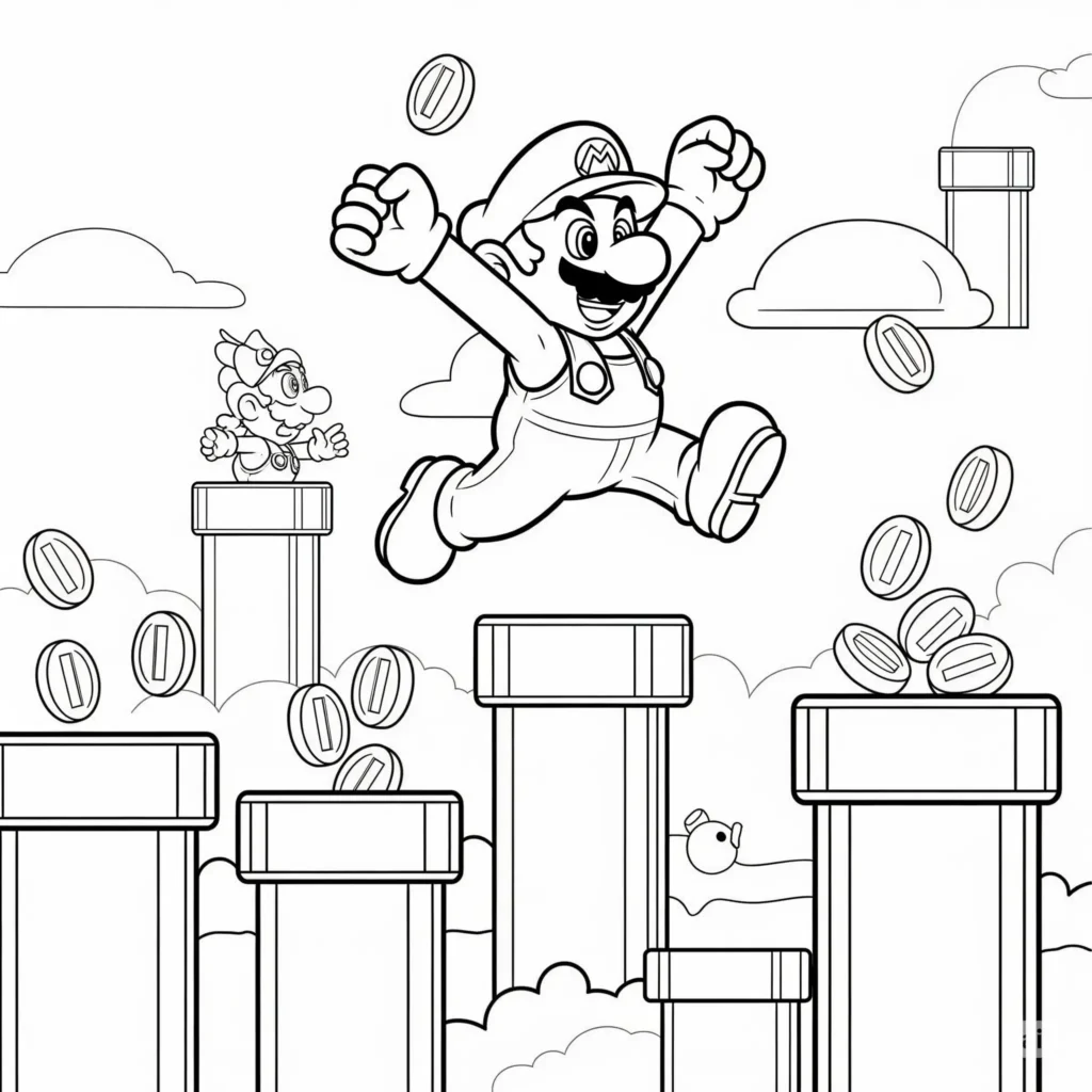 Ausmalbild zeigt Mario, wie er aus einem Rohr herauskommt, ideal zum Ausdrucken und Ausmalen für Kinder, die Abenteuer lieben