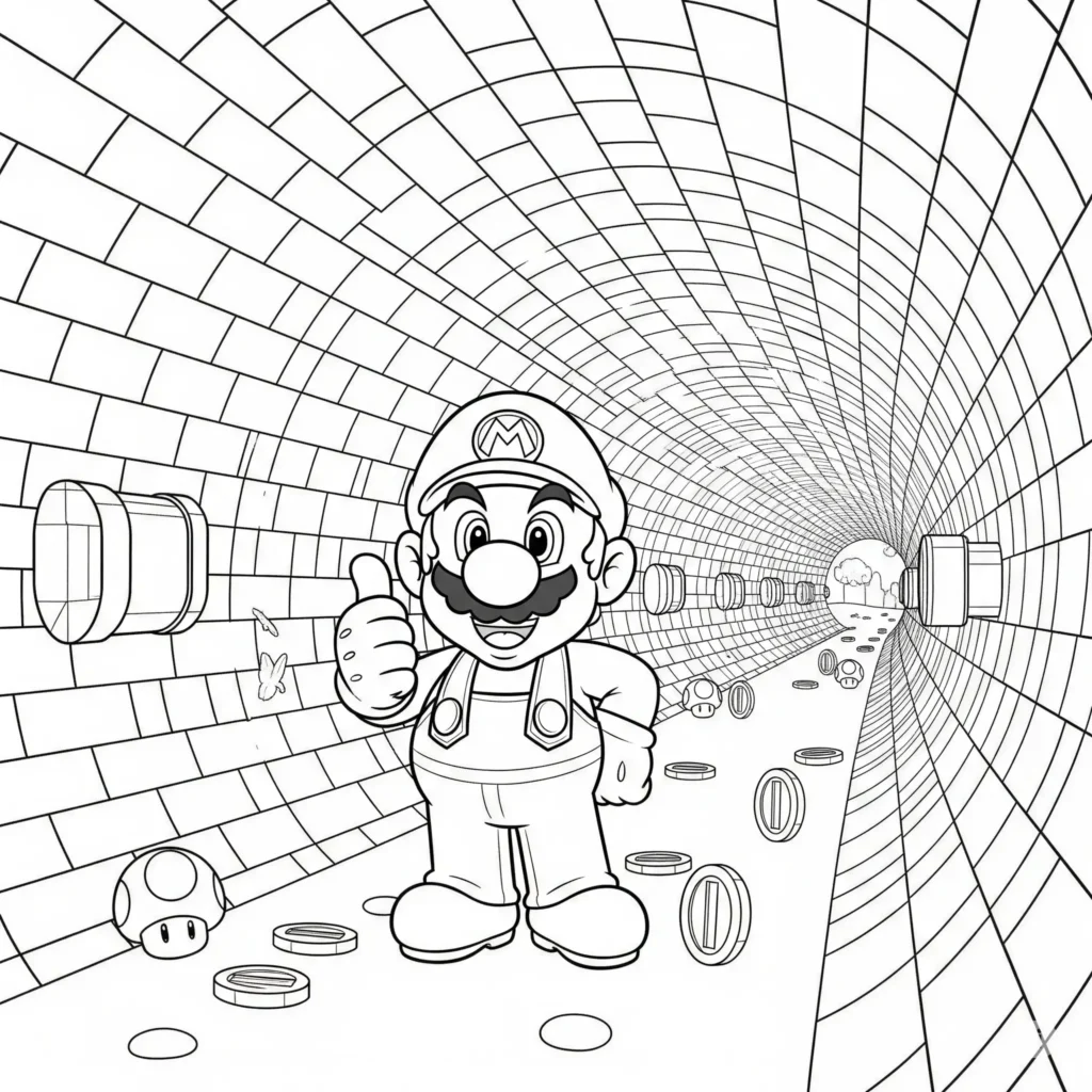 Ausmalvorlage mit Mario, der durch einen Tunnel läuft – ideal zum Ausdrucken und Ausmalen für kleine Abenteurer
