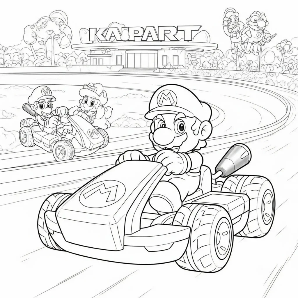 Dieses Mario Kart Ausmalbild zeigt Mario in seinem Rennkart. Ideal zum Ausdrucken, kostenlos als PDF und perfekt für Kinder und Erwachsene.