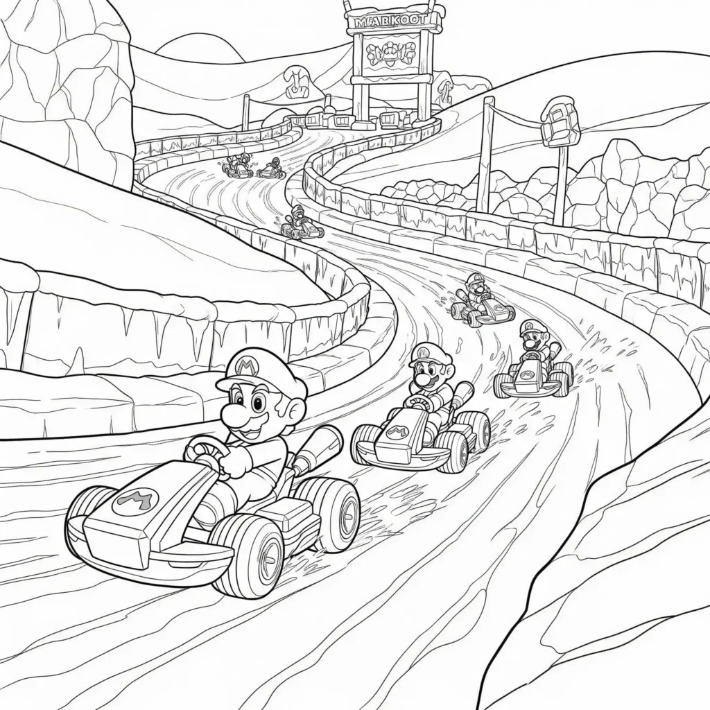 Mario Kart Eisstrecke als Ausmalbild zum Ausdrucken für Kinder und Erwachsene