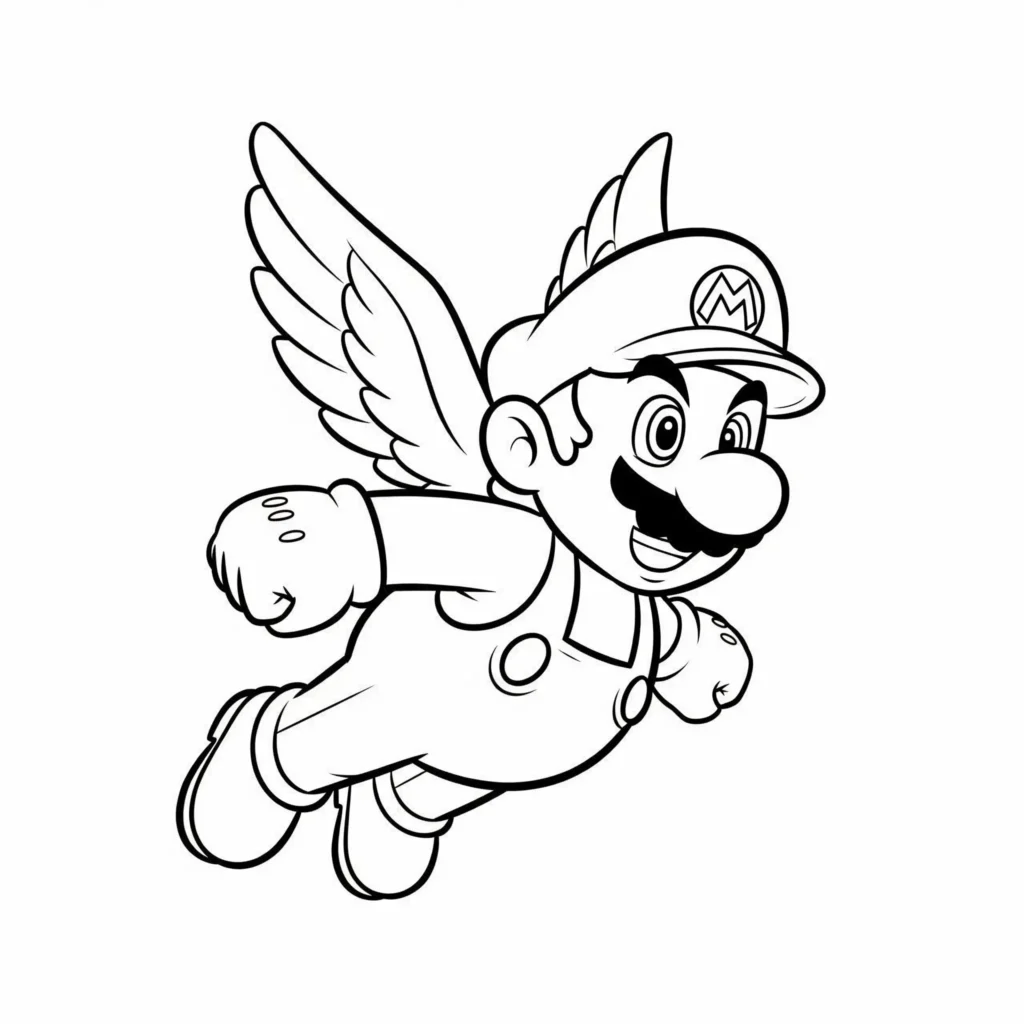 Ausmalbild zeigt Mario mit Flügeln beim Fliegen, ideal zum Ausdrucken und kreativen Ausmalen für Kinder