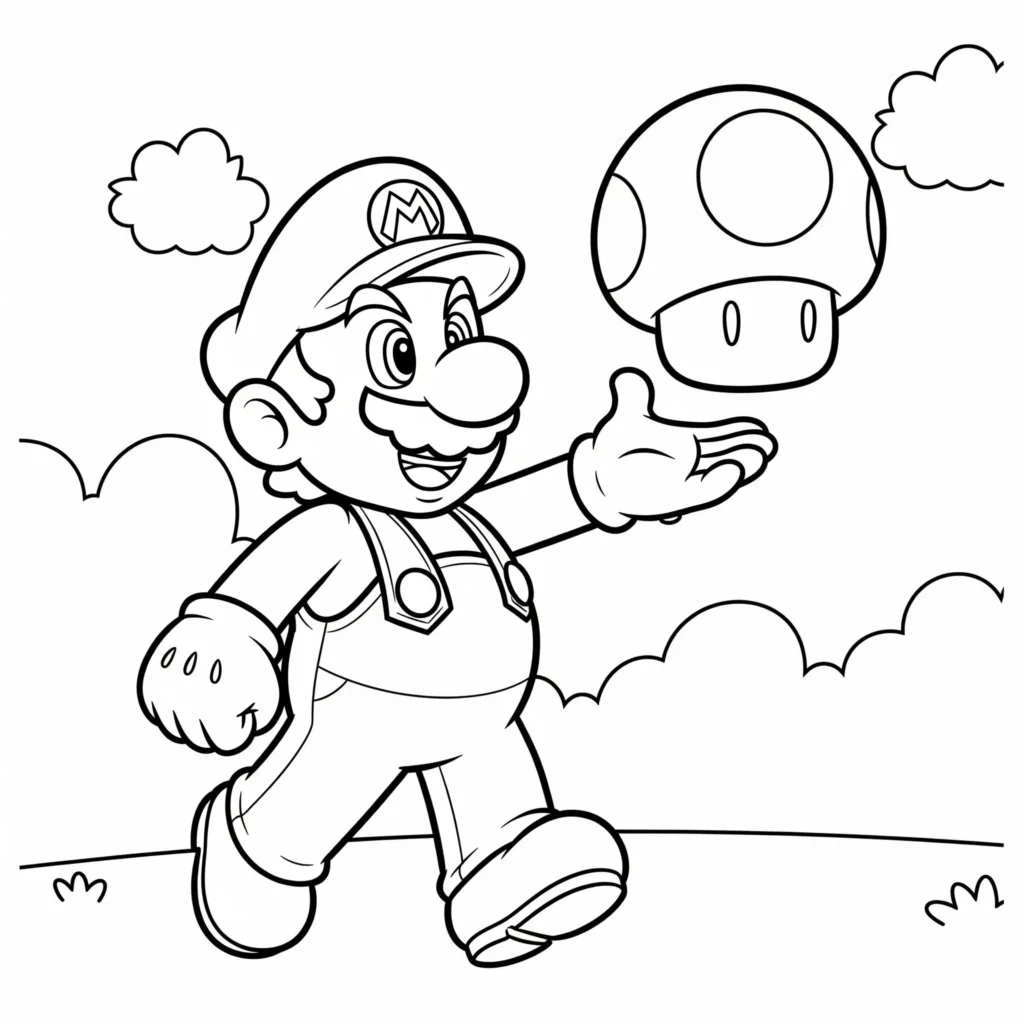 Malbild von Mario mit einem Power-Pilz in der Hand, ideal zum Ausdrucken und Ausmalen – perfekt für kreative Kinder, die gern malen