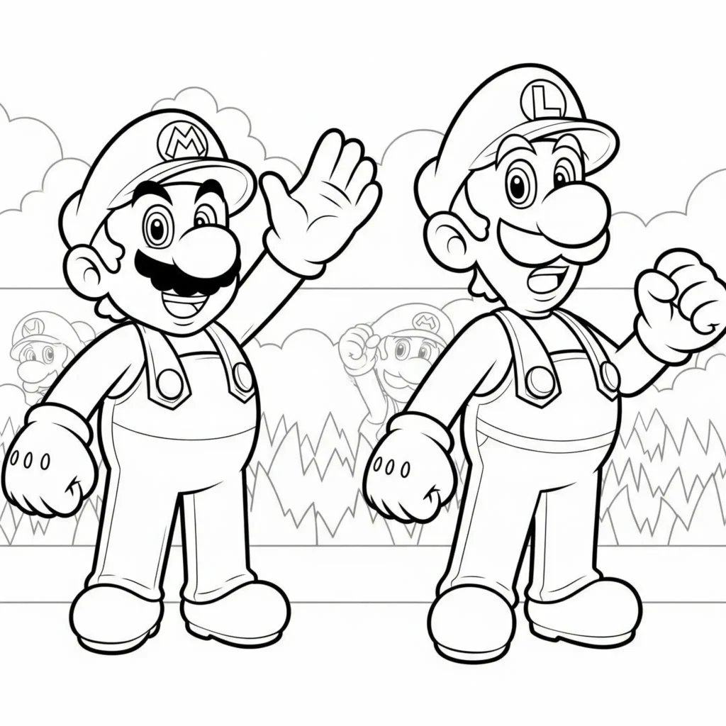 Malvorlage mit Mario und Luigi zusammen zum Ausdrucken und Ausmalen für Kinder
