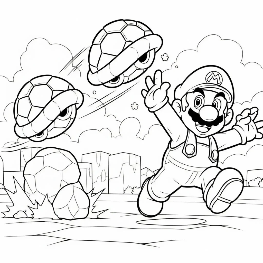 Mario wirft einen grünen Panzer in diesem Mario Kart Ausmalbild zum Ausdrucken für Kinder und Erwachsene
