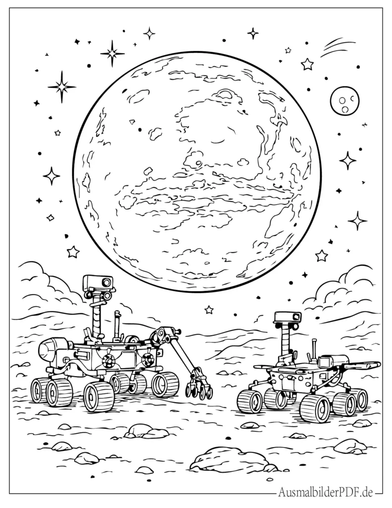 Ausmalbild vom Planeten Mars mit Rovern auf der Oberfläche, ideal für Kinder und Weltraumfans