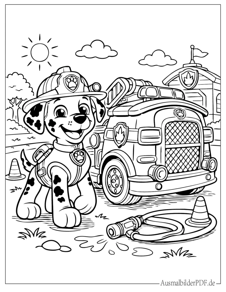 Malvorlage zeigt Marshall neben einem Feuerwehrauto, kreative ausmalvorlage für Kinder zum Ausdrucken