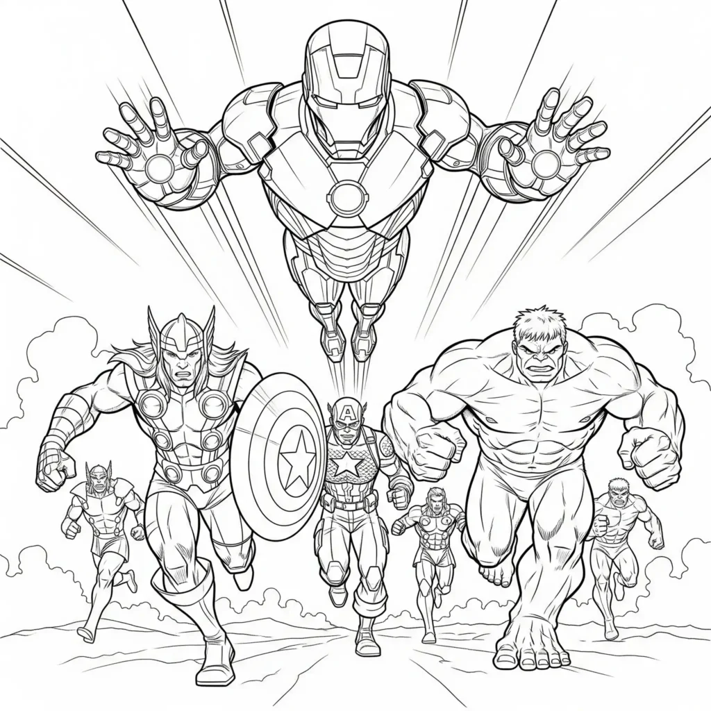 Ausmalbild von Iron Man als Anführer der Avengers, perfekt zum Ausdrucken und Ausmalen für Kinder und Marvel-Fans
