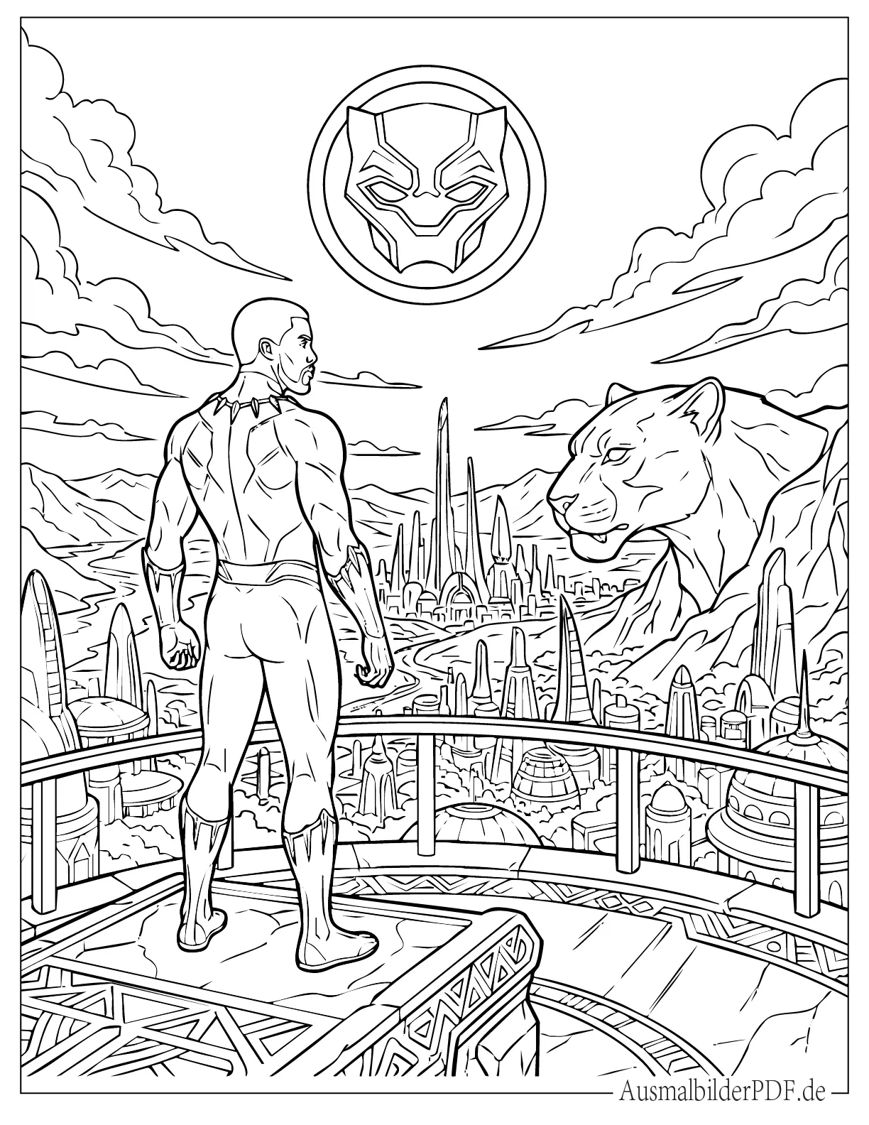 Black Panther steht hoch über Wakanda und blickt über die futuristische Stadtlandschaft in einer detailreichen Malvorlage