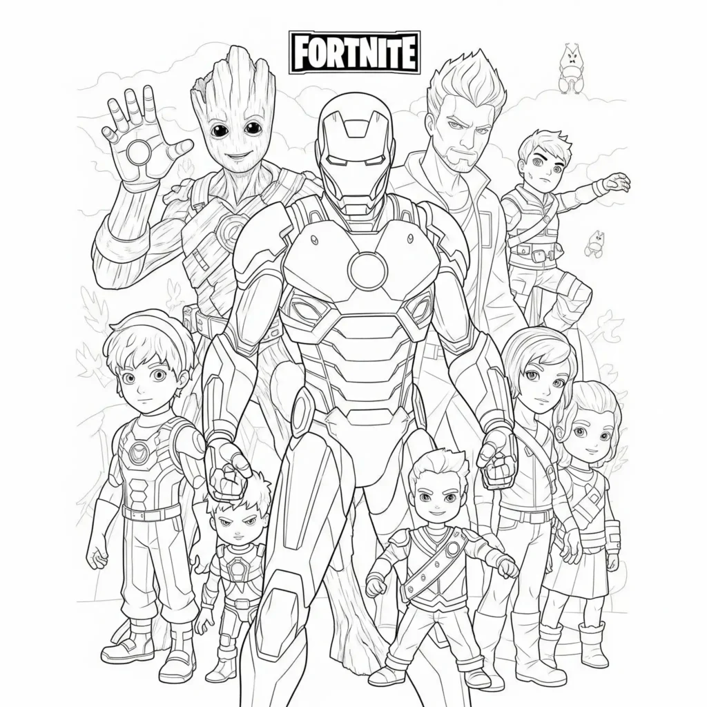 Marvel Fortnite Ausmalbild mit Superhelden wie Iron Man, Groot und weiteren Charakteren – perfekt zum kostenlosen Ausmalen für Kinder und Fans