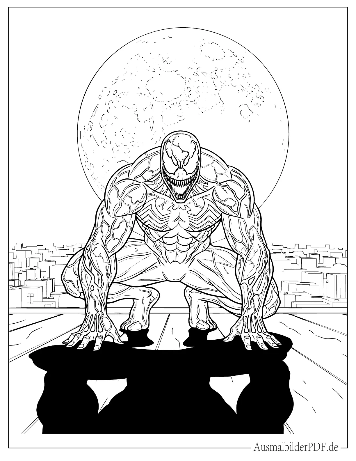 10+ Venom Ausmalbilder (Gratis Malvorlagen zum Ausdrucken) Marvel Venom mit Mond im Hintergrund Ausmalbild