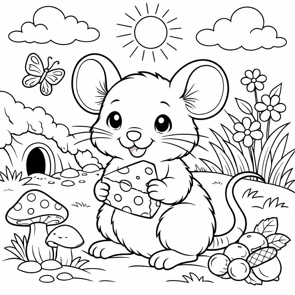 Dieses Ausmalbild zeigt eine liebevoll gezeichnete Maus in ruhiger Umgebung und bietet Kindern eine schöne Möglichkeit zum kreativen Malen.