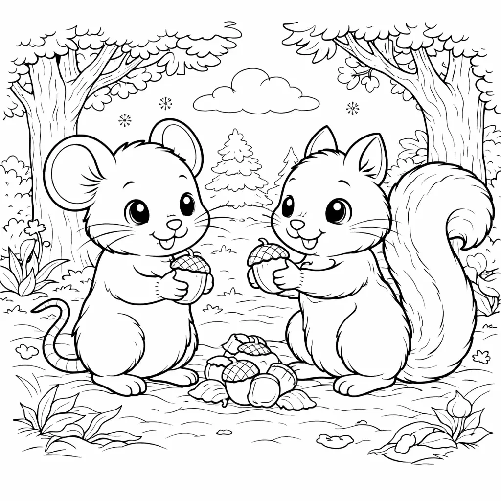 Eine freundliche Maus teilt Nüsse mit einem Eichhörnchen zwischen Bäumen und Blättern, ein harmonisches Ausmalbild zum Ausdrucken
