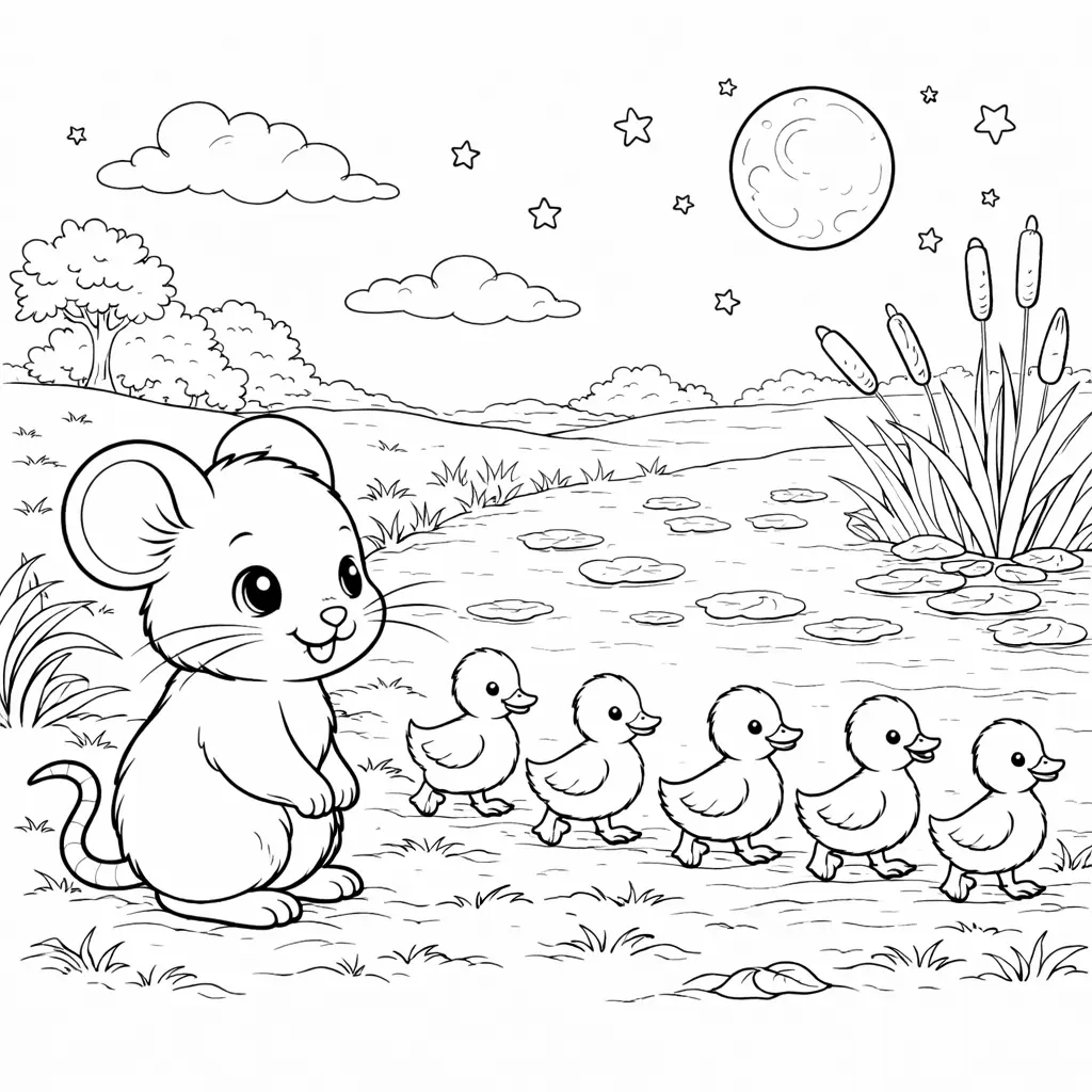 Eine neugierige Maus beobachtet Entenküken am Teich mit Wasserpflanzen und ruhiger Landschaft, ein freundliches Ausmalbild zum Ausdrucken für Kinder