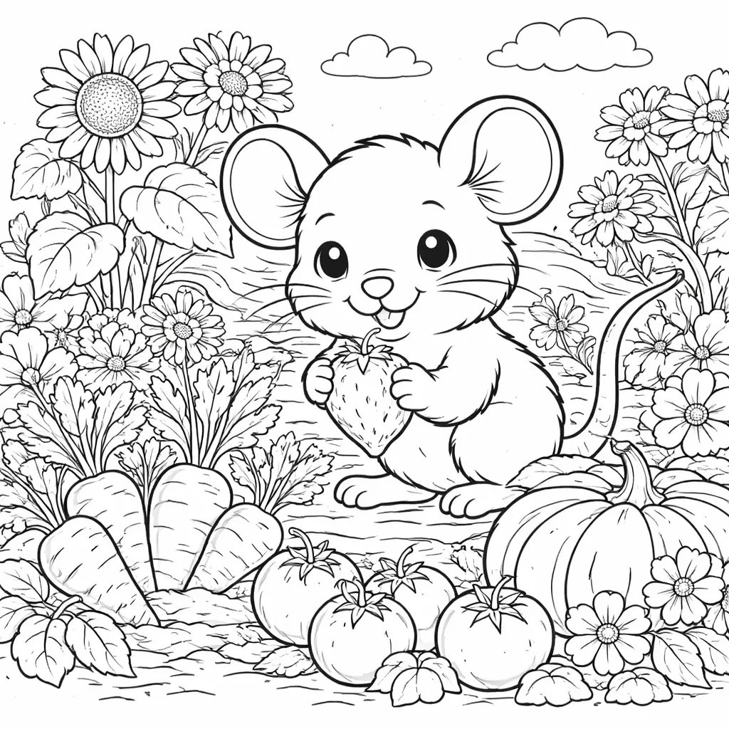 Eine neugierige Maus entdeckt Blumen und Gemüse im Garten, eine freundliche Malvorlage als Ausmalbild zum Ausdrucken für Kinder und kreative Stunden.