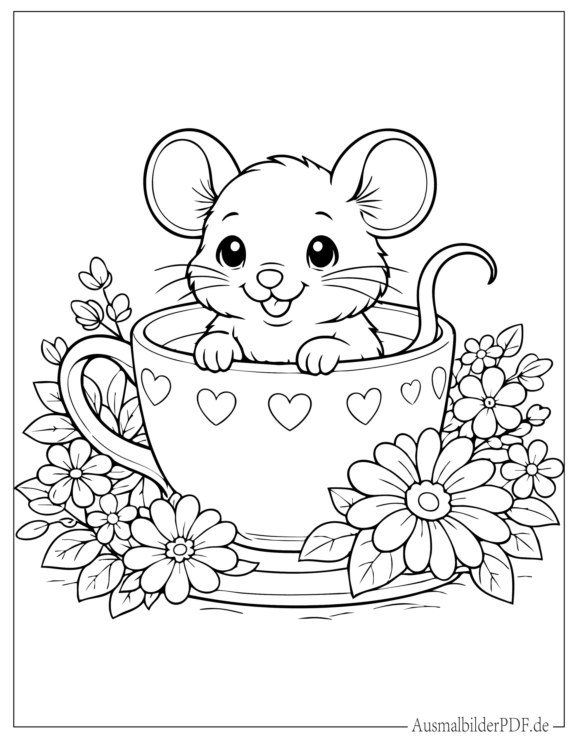 Baby Maus in einer Teetasse umgeben von Blumen Malvorlage