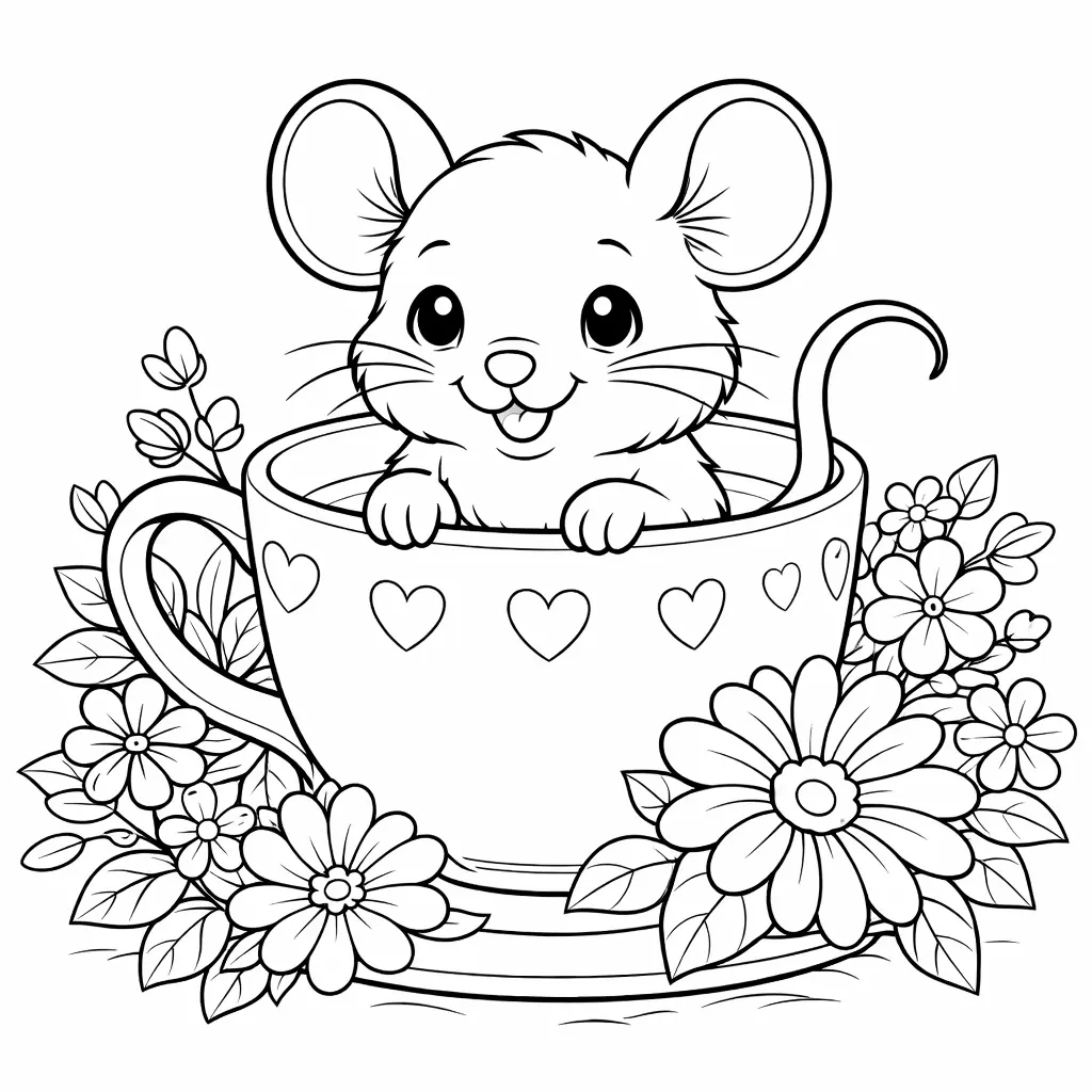 Eine kleine Maus sitzt gemütlich in einer Teetasse, umgeben von Blumen und Blättern, ein verspieltes Motiv zum Ausmalen für Kinder und Kreative.