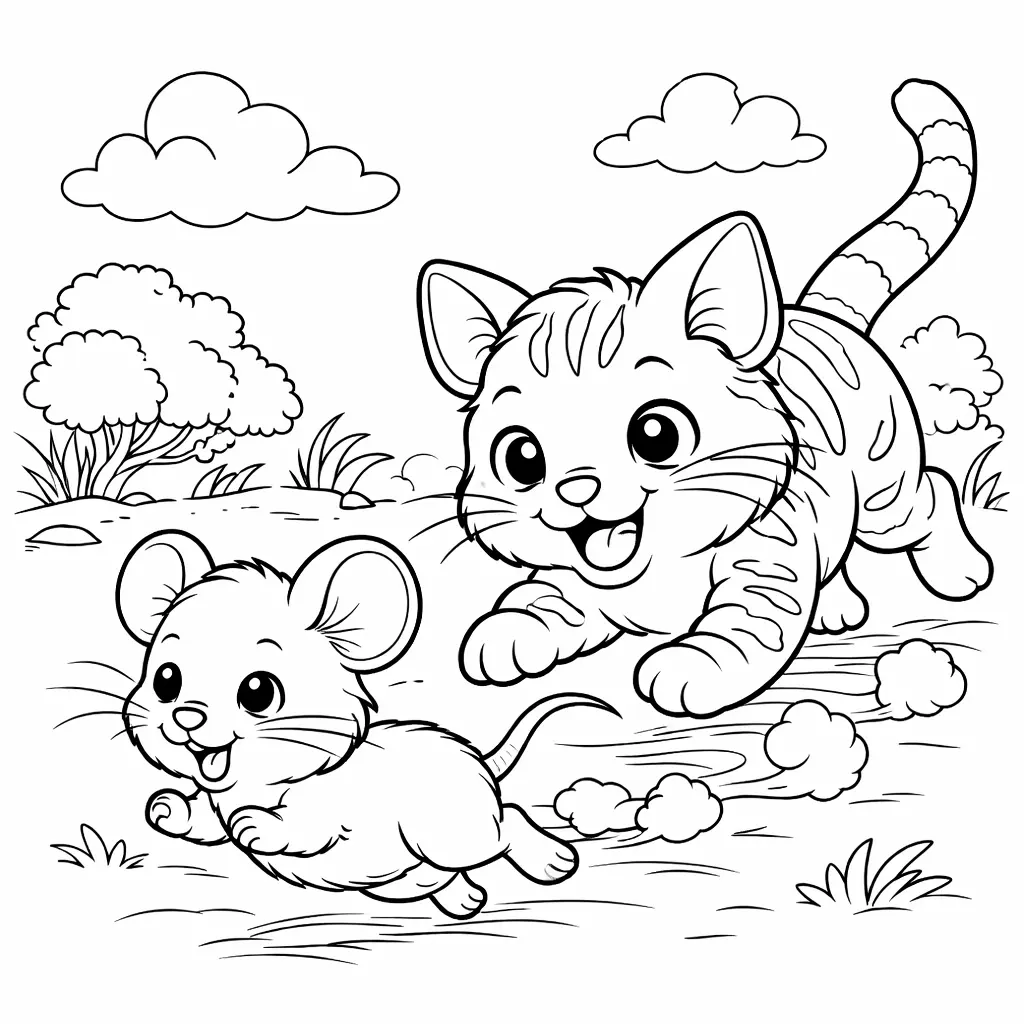 Eine laufende Maus wird von einer verspielten Katze verfolgt, eine lebendige Malvorlage als Ausmalbild zum Ausdrucken für Kinder und Erwachsene.