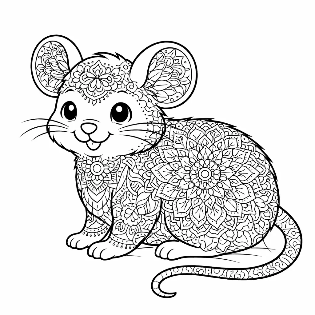 Eine dekorative Maus mit feinen Mandala Mustern bildet eine detailreiche Malvorlage als Ausmalbild zum Ausdrucken für Erwachsene und ruhige Kreativzeit.