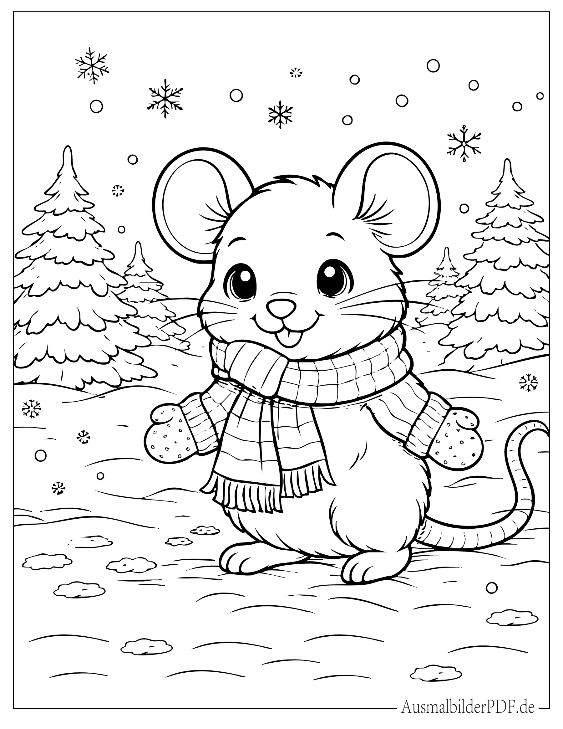 Ausmalbild von Maus in Winterkleidung im Schnee