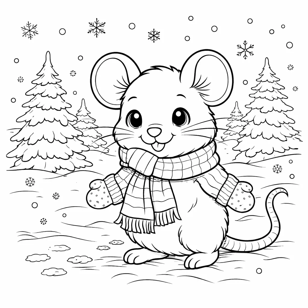 Diese Druckvorlage zeigt eine Maus mit Schal in einer verschneiten Landschaft und eignet sich als kostenloses Ausmalbild für Kinder
