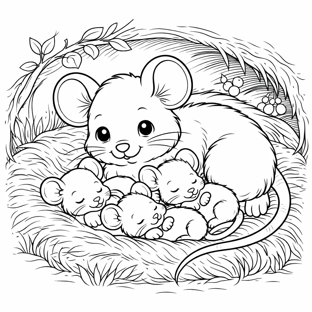 Eine Muttermaus liegt mit ihren Baby Mäusen in einem weichen Nest, eine ruhige Malvorlage als Ausmalbild zum Ausdrucken für Kinder und Erwachsene.