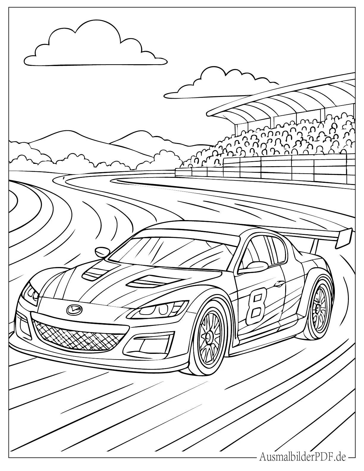 Mazda RX-8 Rennwagen auf Strecke Ausmalvorlage