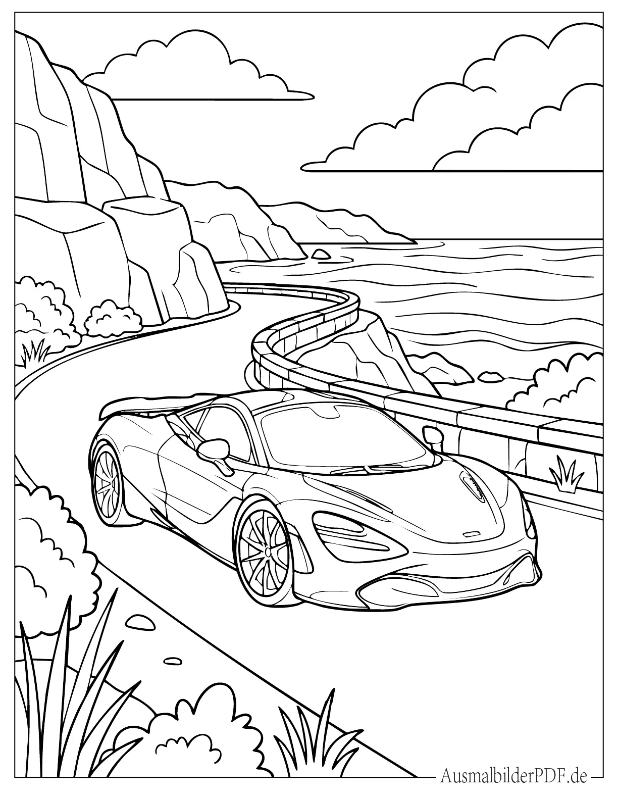 10+ McLaren Ausmalbilder (Gratis Malvorlagen zum Ausdrucken) Realistischer McLaren 765LT auf einer Küstenstraße Ausmalbild für Kinder