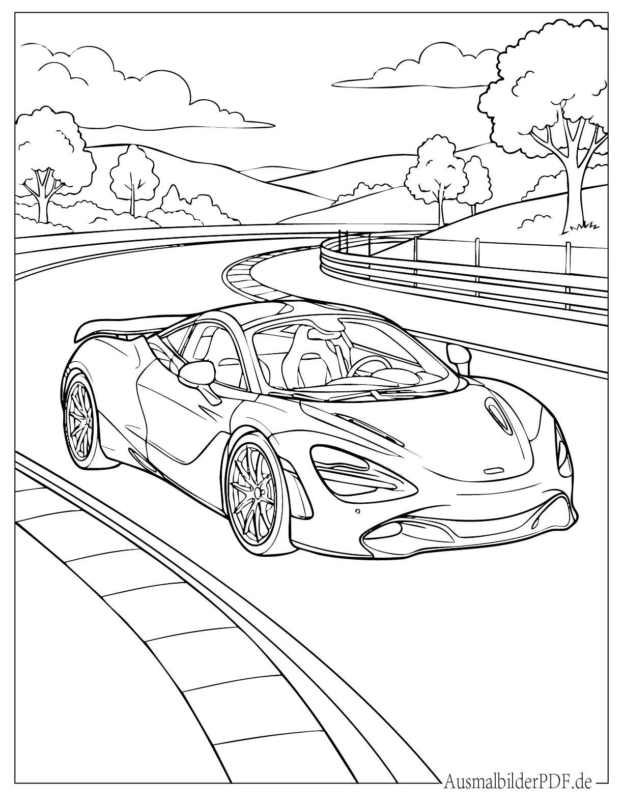 10+ McLaren Ausmalbilder (Gratis Malvorlagen zum Ausdrucken) McLaren Sportwagen auf einer kurvenreichen Rennstrecke zum Ausmalen