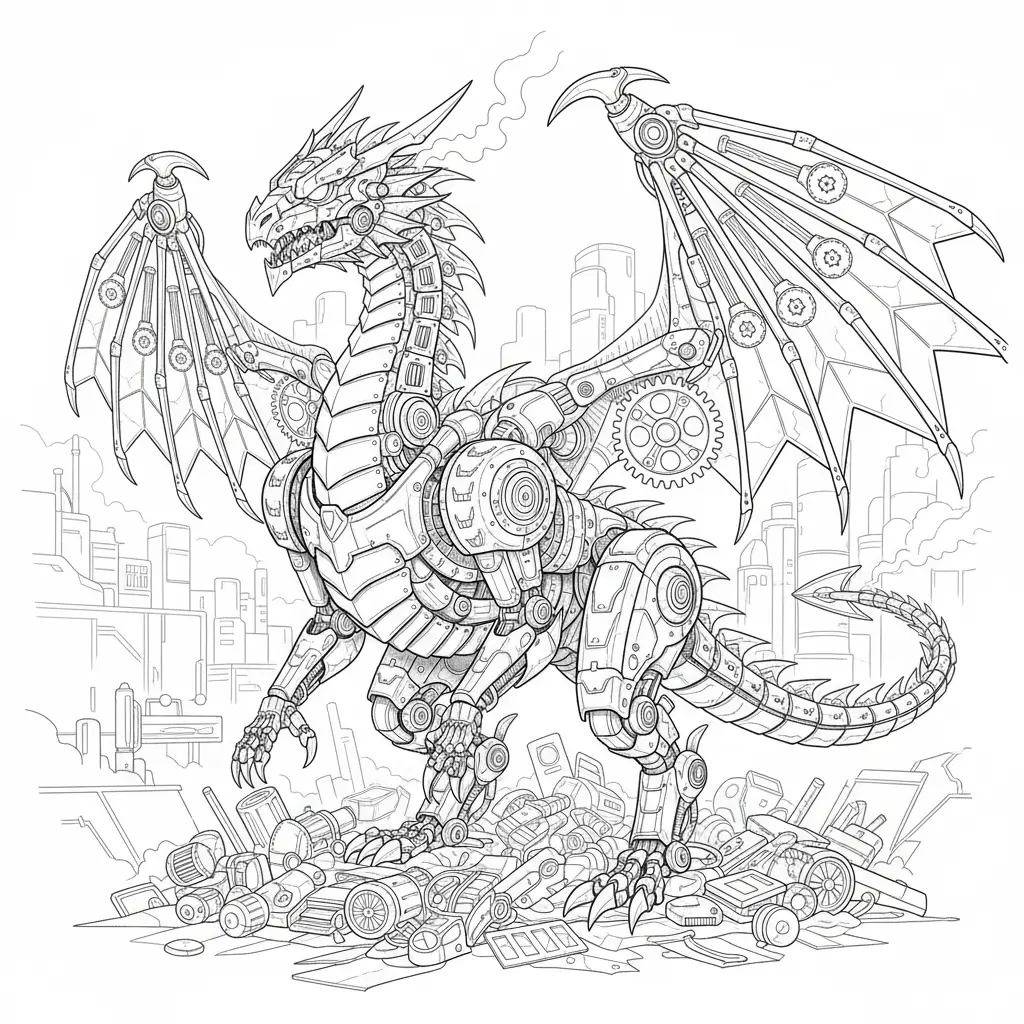 30 Drachen Ausmalbilder (Kostenlos Malvorlage zum Ausdrucken) Mechanischer Drache mit Metallteilen zum Ausmalen und Ausdrucken