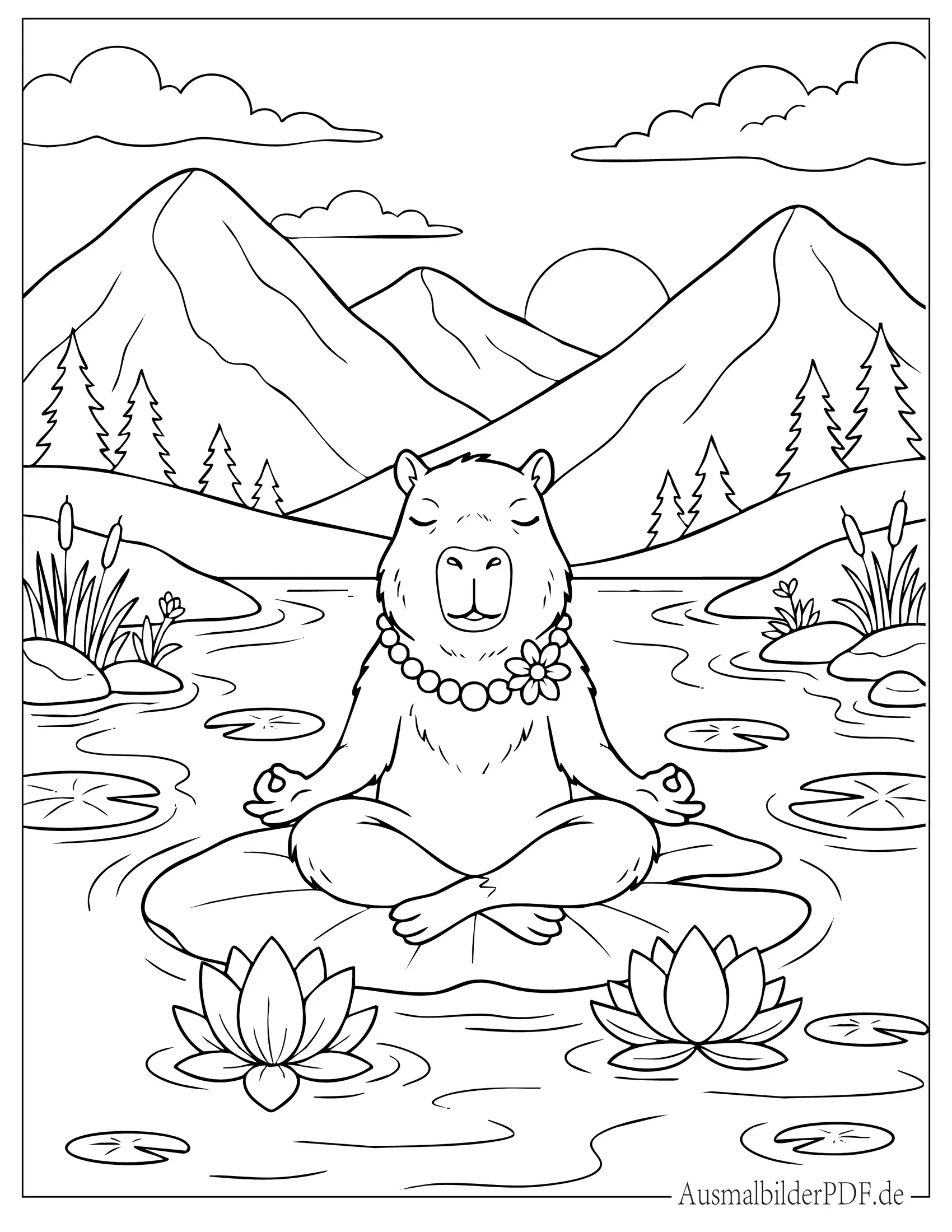 Meditierendes Wasserschwein im Bergsee Ausmalbild