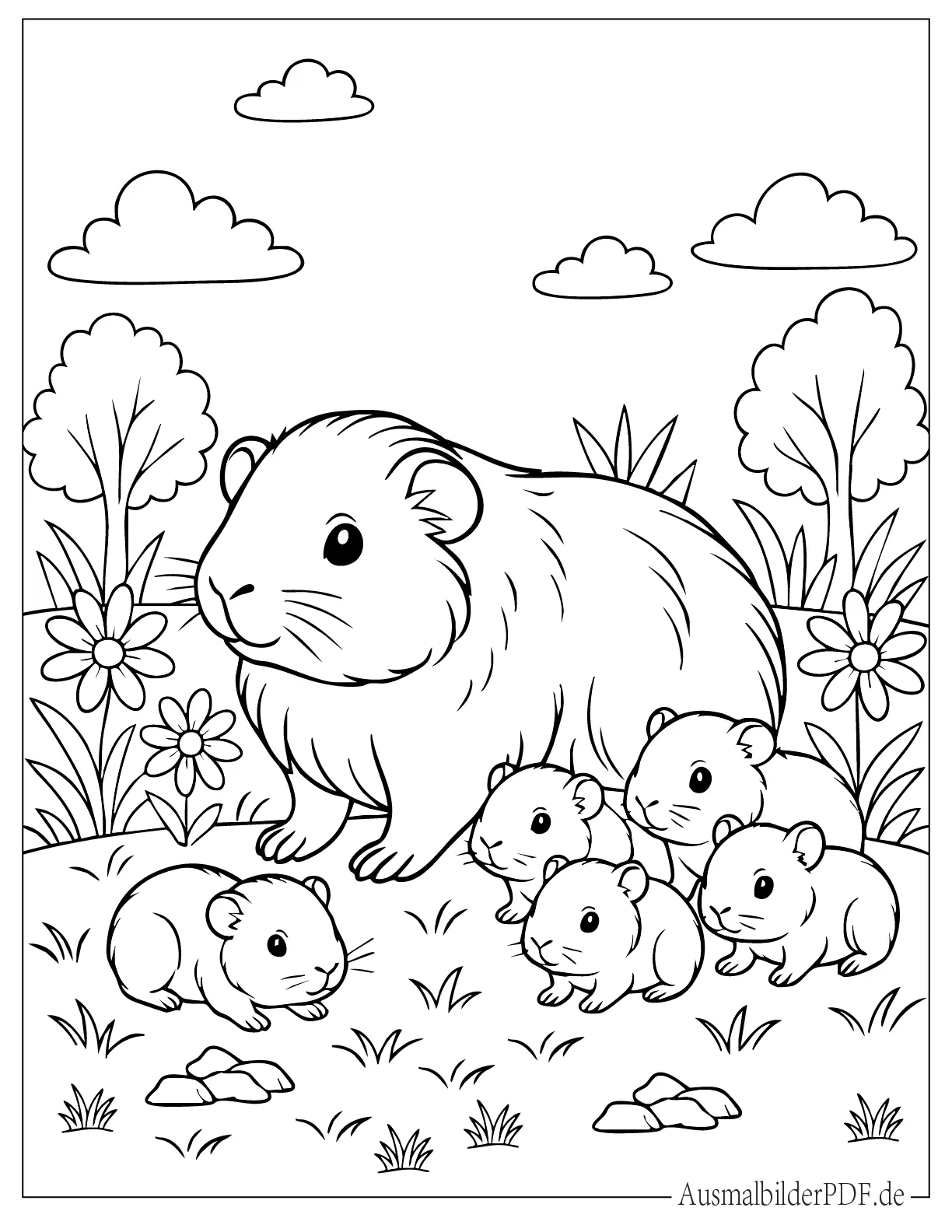 Niedliche Meerschweinchen Familie mit Babys Ausmalvorlage