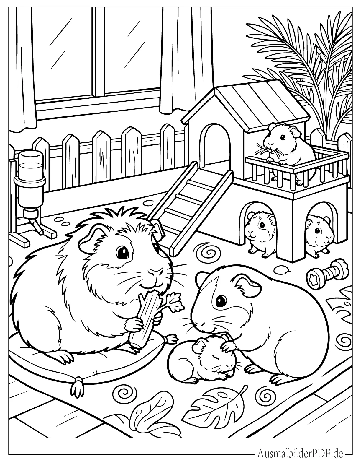 Meerschweinchen Mutter, Vater mit Kindern zuhause Malbild