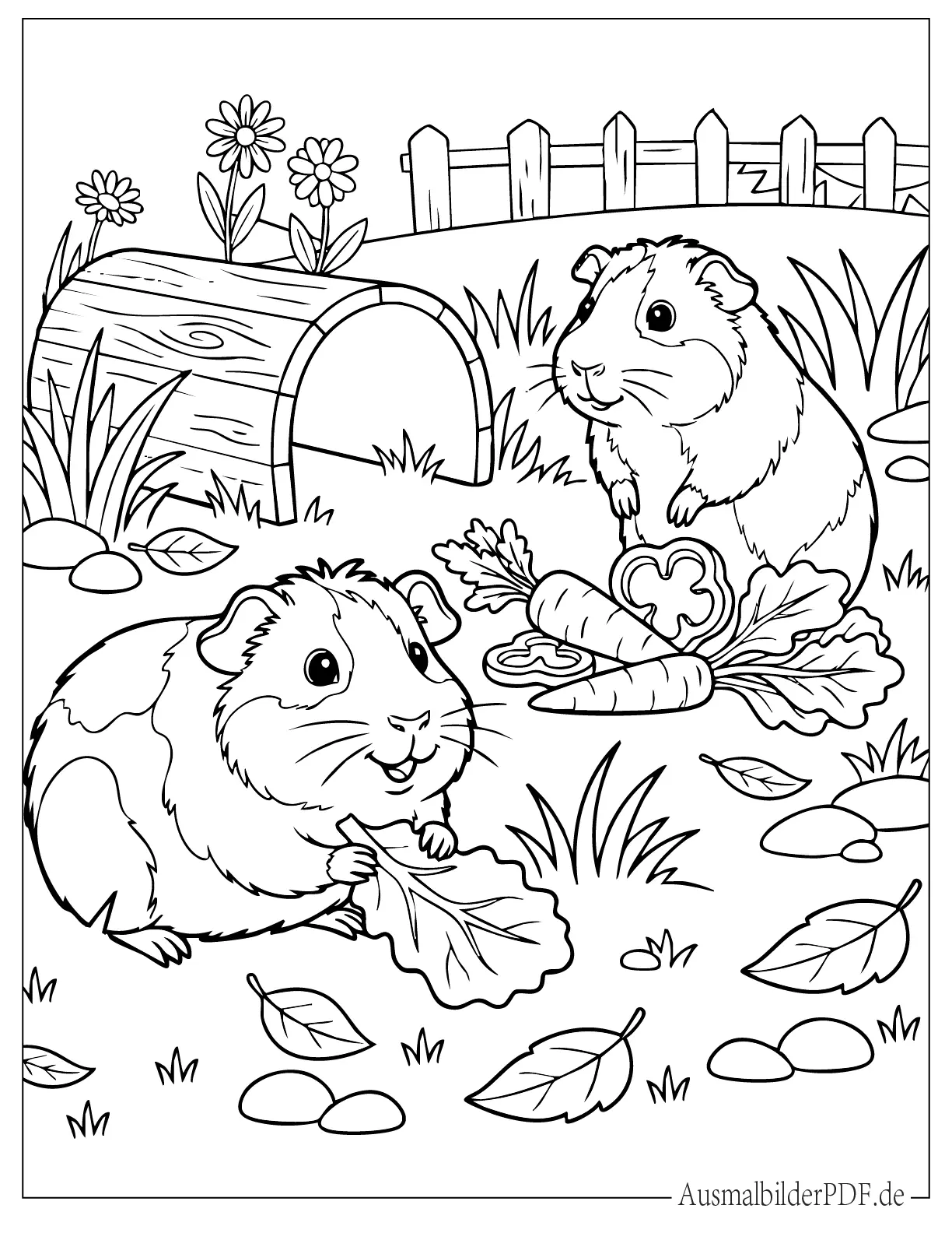Niedliches Meerschweinchen Paar frisst Gemüse Malvorlage