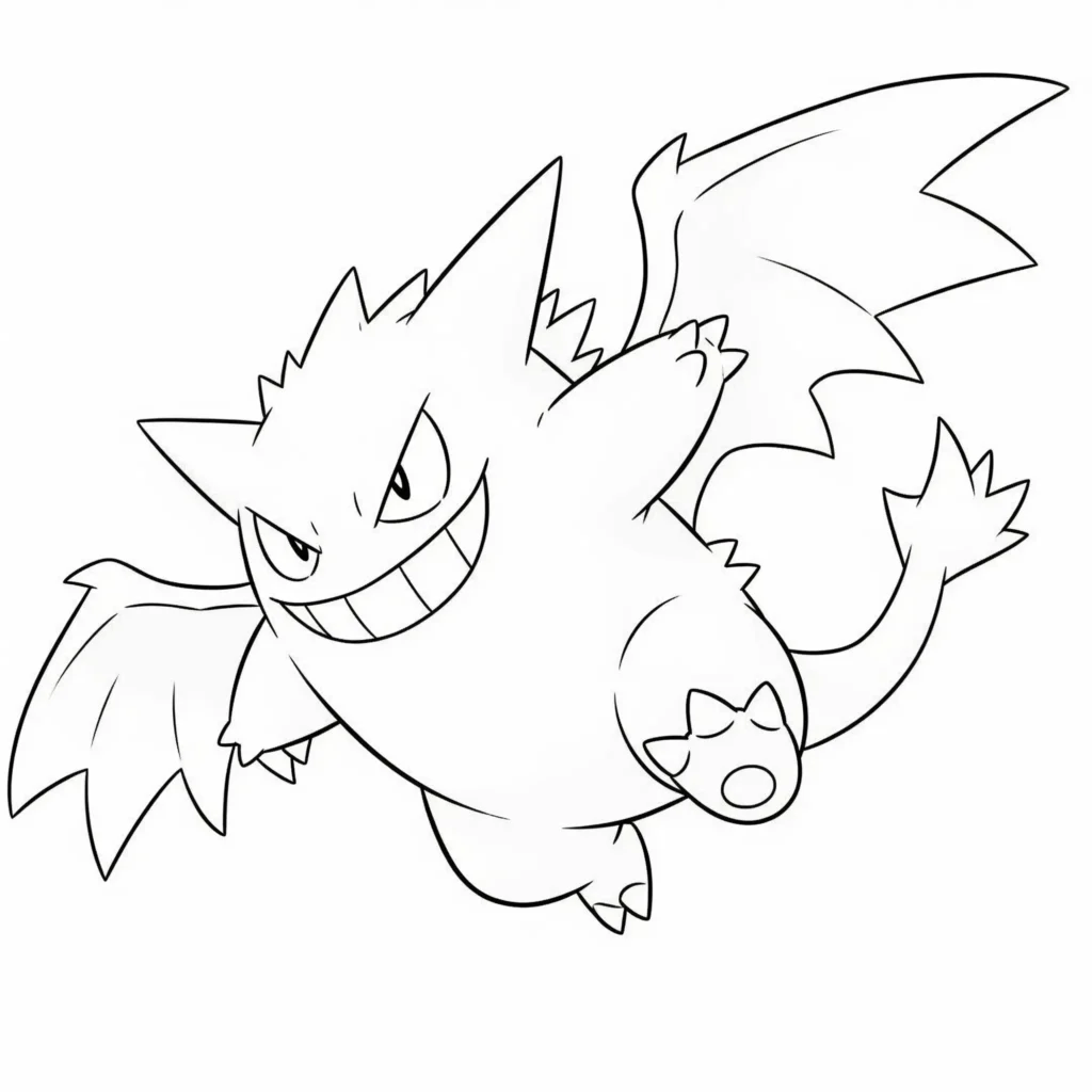 Ausmalbild von Mega Gengar beim Fliegen kostenlos zum Ausdrucken für Kinder und Erwachsene