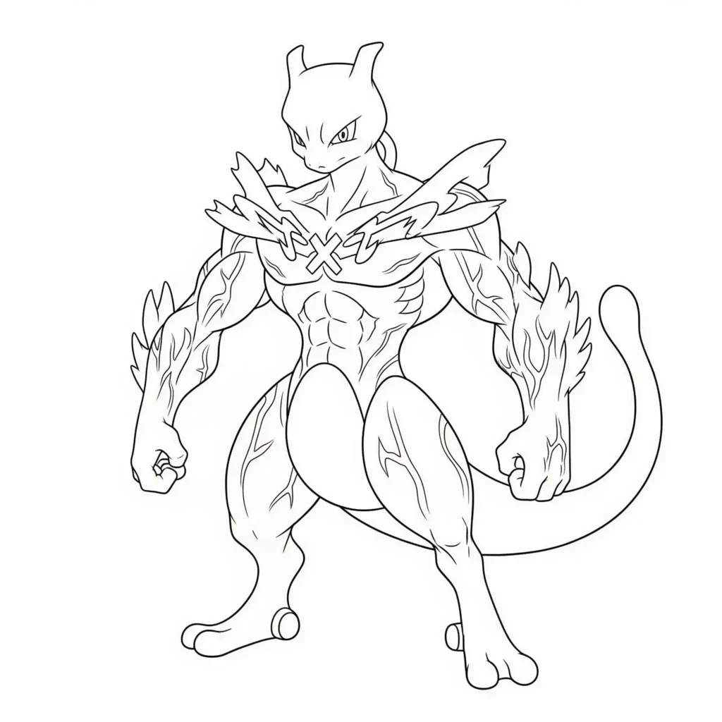 16 Mewtu Ausmalbilder (Gratis Pokémon Malvorlage zum drucken) Diese Vorlage zeigt Mega Mewtu X in seiner starken Mega-Form. Perfekt für kreative Pokémon-Fans, die gerne Helden voller Energie ausmalen.