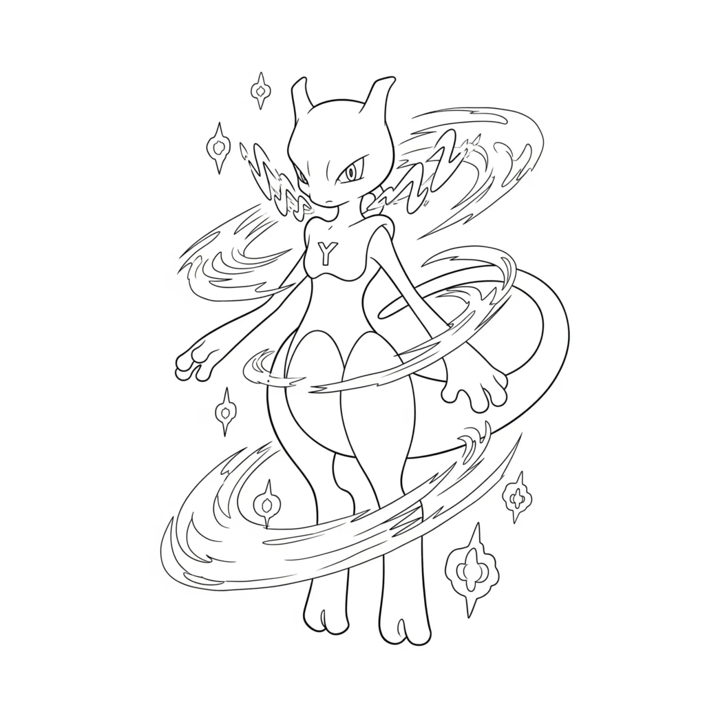 16 Mewtu Ausmalbilder (Gratis Pokémon Malvorlage zum drucken) Das Mega Mewtu Y Ausmalbild zeigt das Pokémon in seiner schlanken Mega-Form. Ideal für kreative Fans, die dynamische Charaktere gestalten möchten.