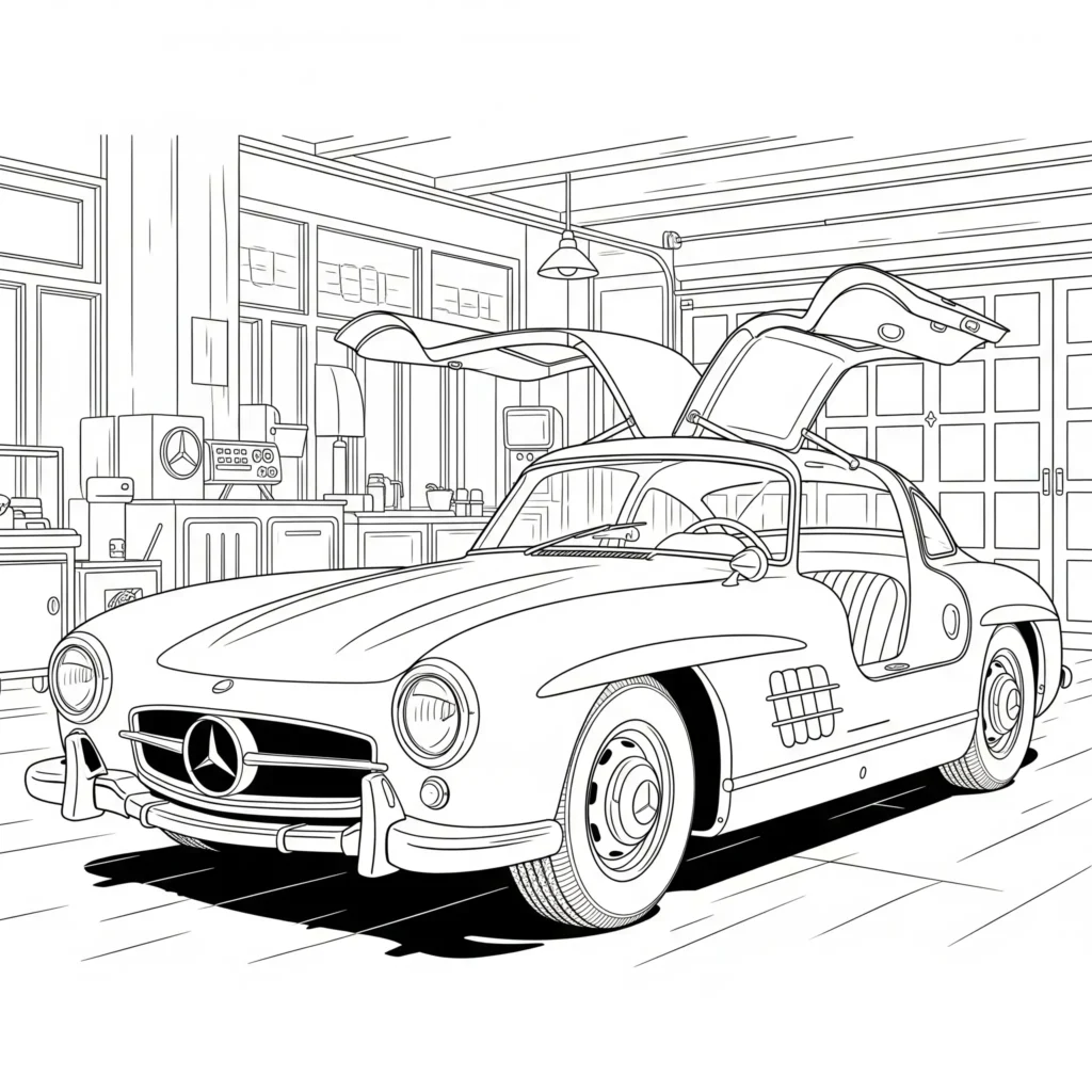 Ausmalbild vom Mercedes-Benz 300SL Gullwing mit Flügeltüren, ideal zum kostenlosen Ausdrucken und Ausmalen für Kinder.