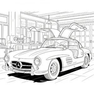 Ausmalbild vom Mercedes-Benz 300SL Gullwing mit Flügeltüren, ideal zum kostenlosen Ausdrucken und Ausmalen für Kinder.
