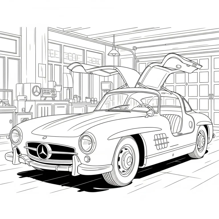 Ausmalbild vom Mercedes-Benz 300SL Gullwing mit Flügeltüren, ideal zum kostenlosen Ausdrucken und Ausmalen für Kinder.