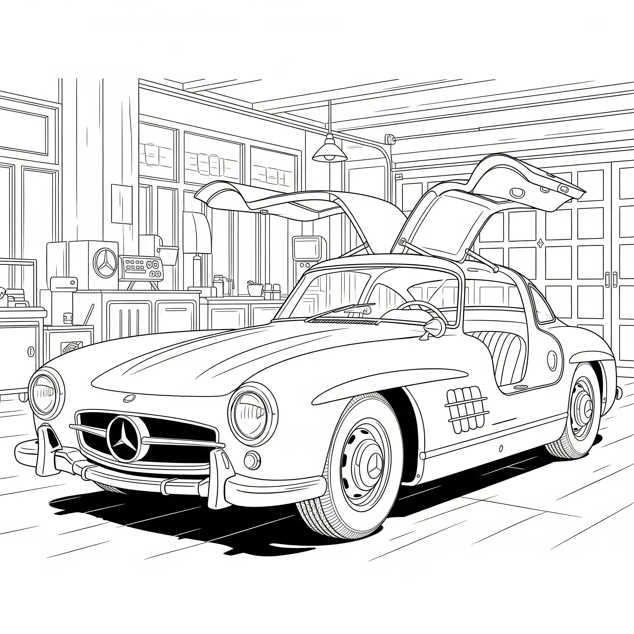 Ausmalbild vom Mercedes-Benz 300SL Gullwing mit Flügeltüren, ideal zum kostenlosen Ausdrucken und Ausmalen für Kinder.