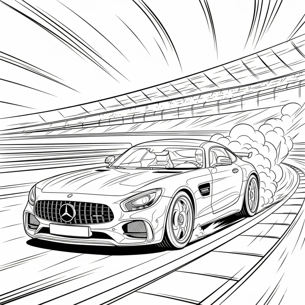 Ausmalbild vom modernen Mercedes AMG GT Rennauto auf der Rennstrecke, geeignet zum kostenlosen Ausdrucken und Ausmalen für Kinder.